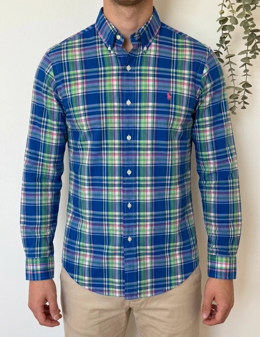 Chemise Polo Ralph Lauren carreaux multicolores bleu vert rose logo pony rose taille S - SK260670
