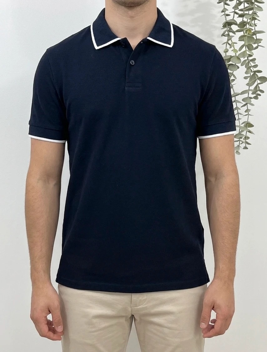 Polo piqué Sandro Paris bleu marine noir liserés blancs taille M - FP260337