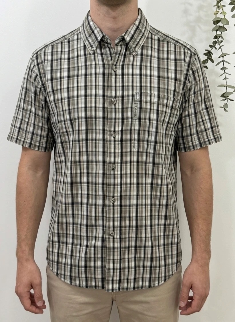 Chemise manches courtes Columbia à carreaux beige kaki gris taille M - FP2607106