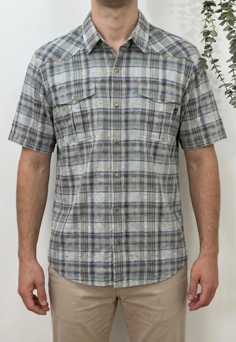 Chemise manches courtes Timberland à carreaux vert bleu beige taille XL - FP260791