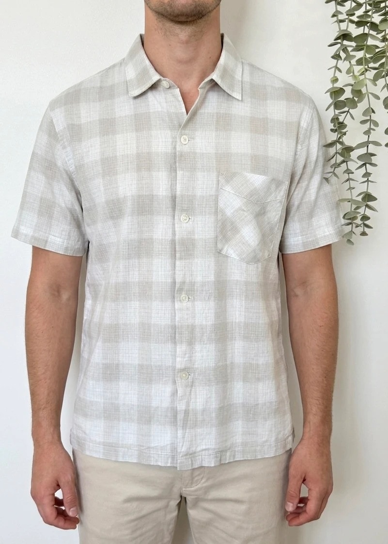 Chemise manches courtes Buck Mason lin coton carreaux beige taille M - SK260678