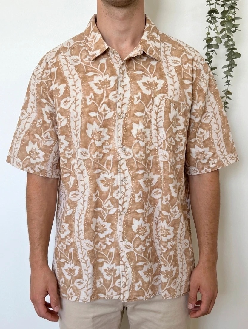 Chemise hawaïenne vintage Tommy Hilfiger fleurs tropicales beige lin taille XXL - SK260681