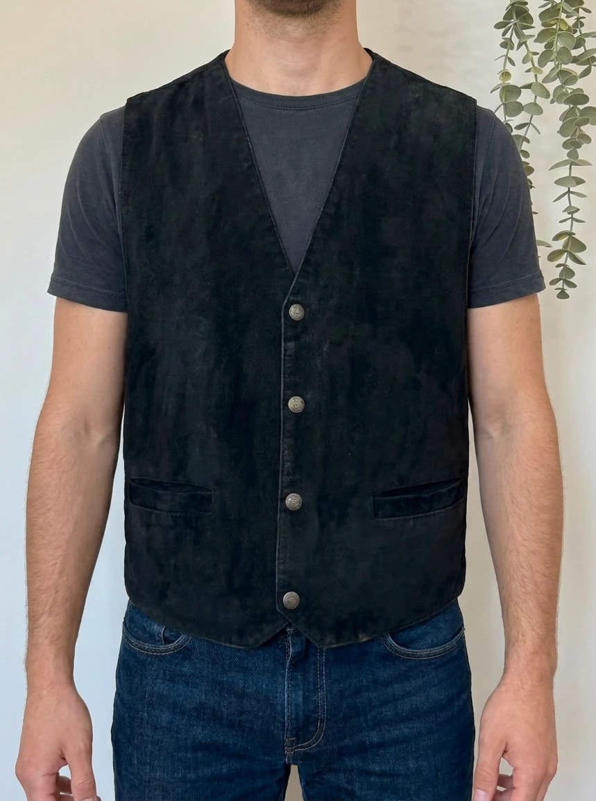 Gilet sans manches cuir suédé Redskins noir reflets vert foncé taille S