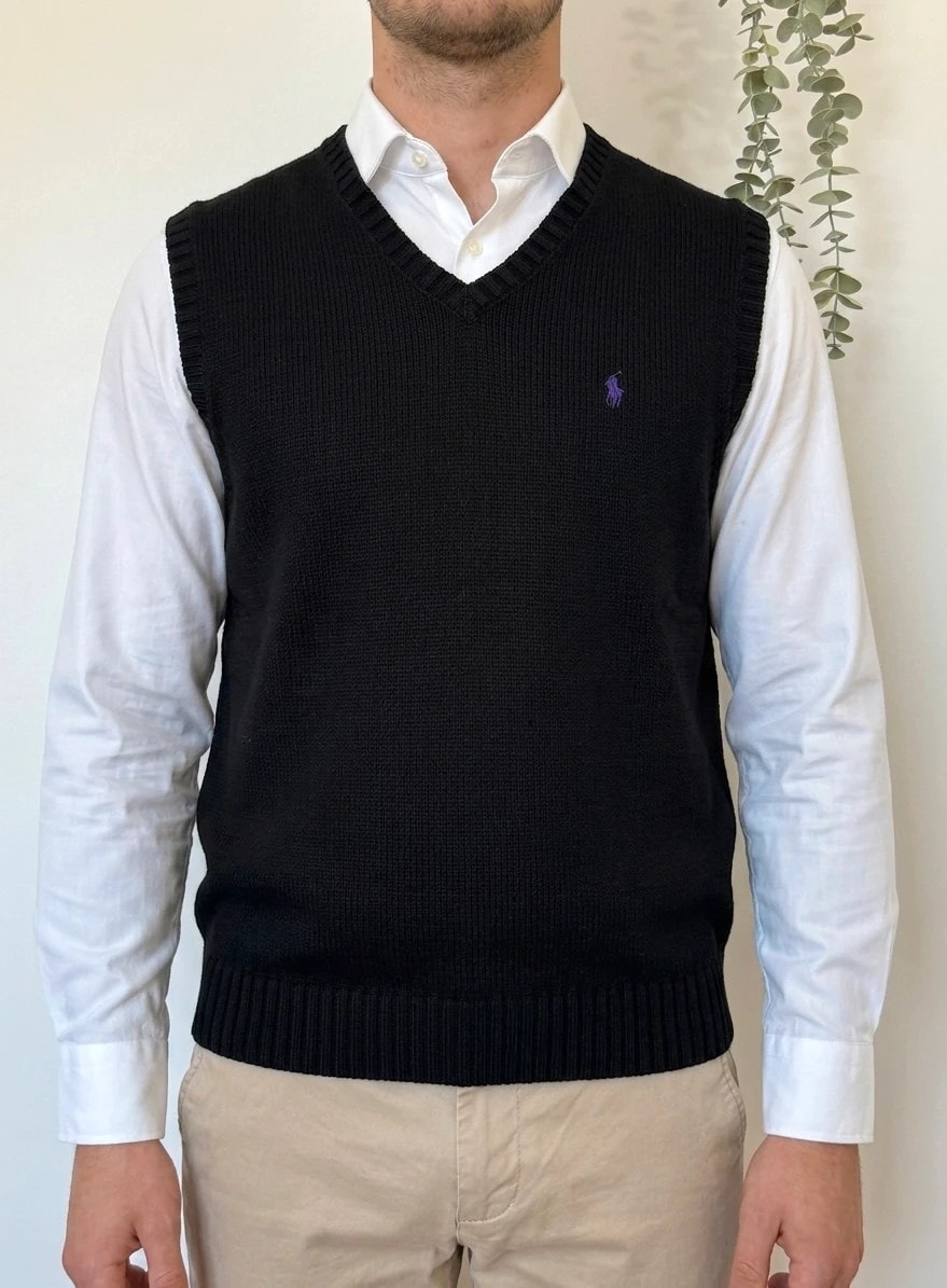 Pull sans manches maille Ralph Lauren noir logo violet taille 2XLT - PP2603403