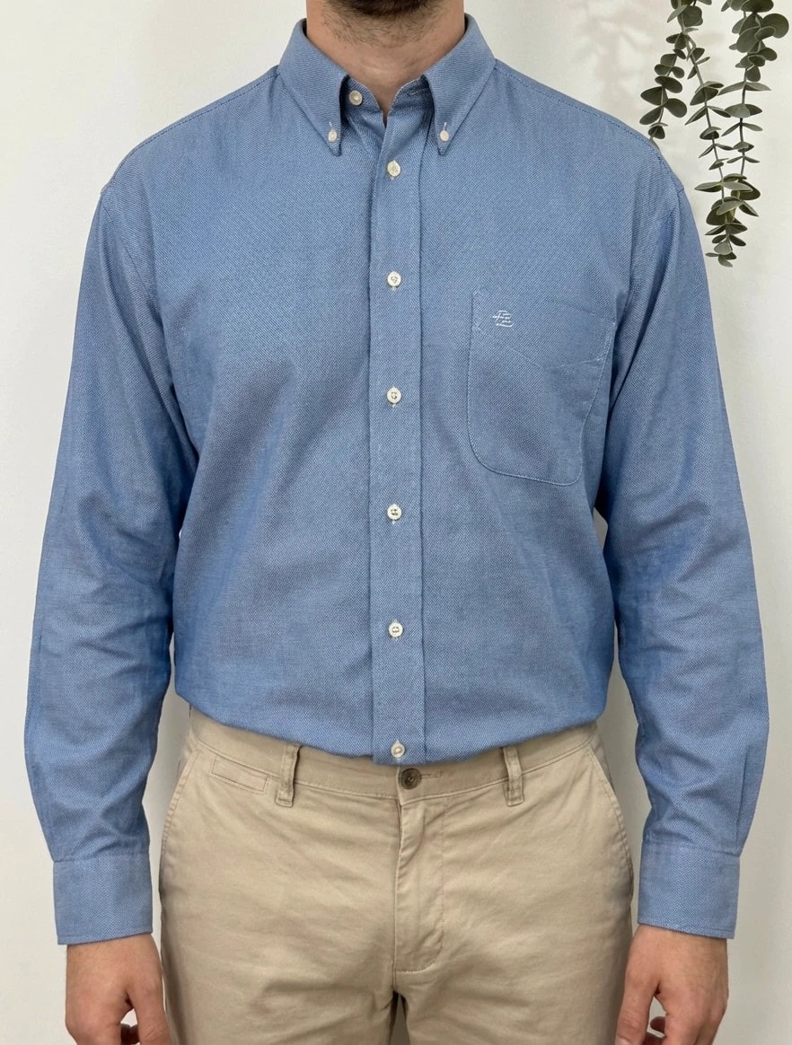 Pierre Balmain-skjorte blå mikromønstret Oxford størrelse 43/XL rett vintagepassform