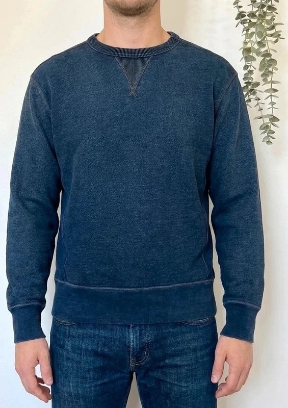 Sweat Buck Mason bleu délavé vintage effet denim indigo crewneck coton taille M