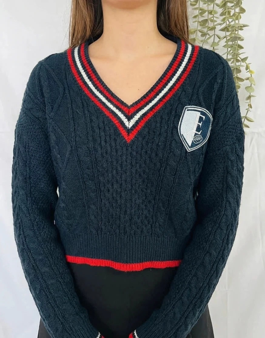 Pull court torsadé bleu marine en maille logo brodé Élite taille S