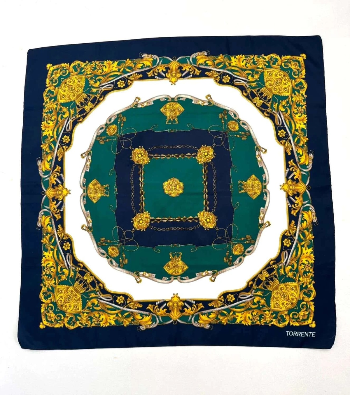 Foulard satin Torrente imprimé baroque bleu vert taille unique