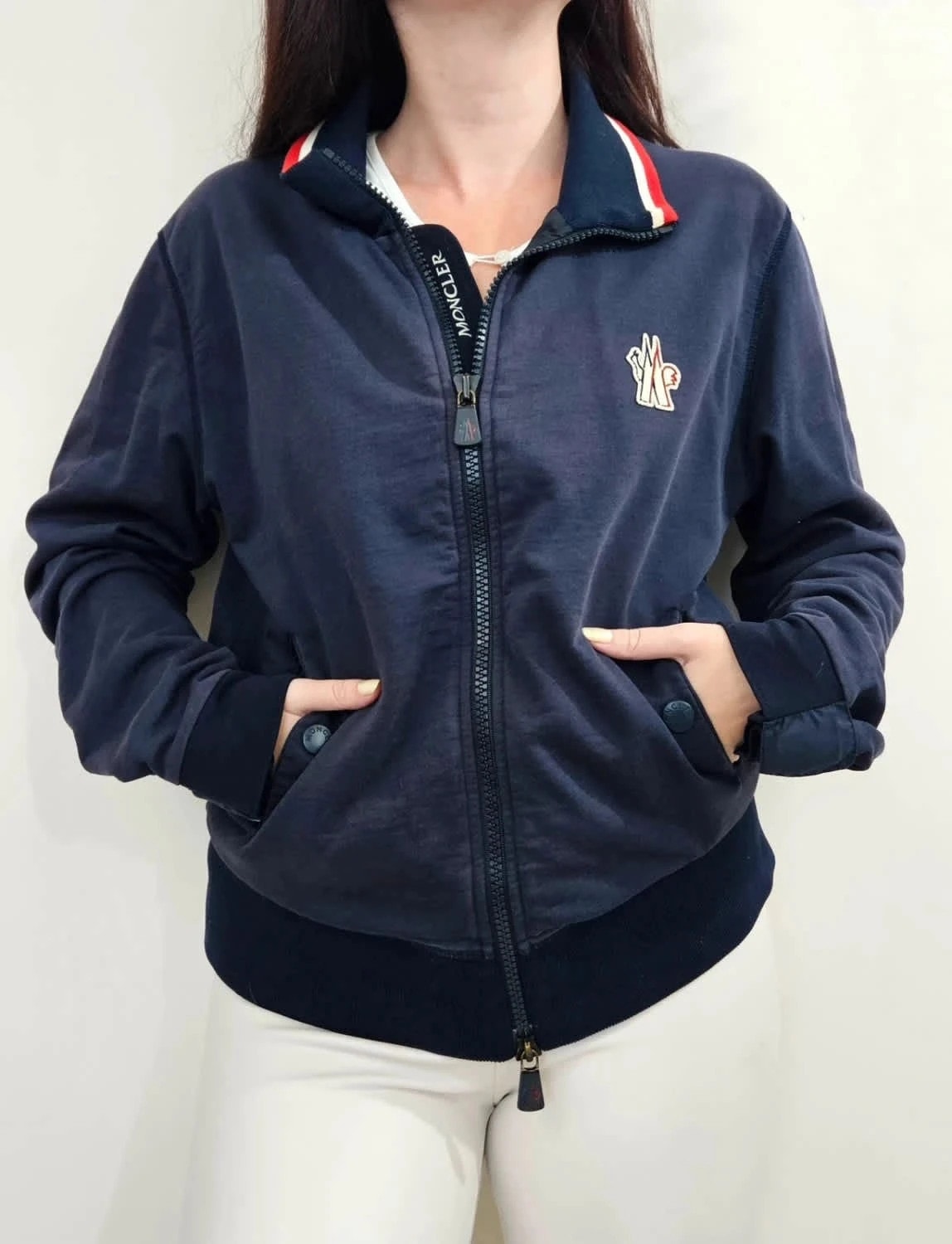 Sweat zippé Moncler coton bleu marine tricolore logo taille L