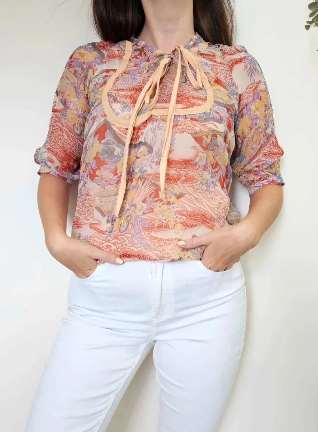 Blouse Maje fluide imprimé fleuri multicolore voile léger col lavallière taille 1/S