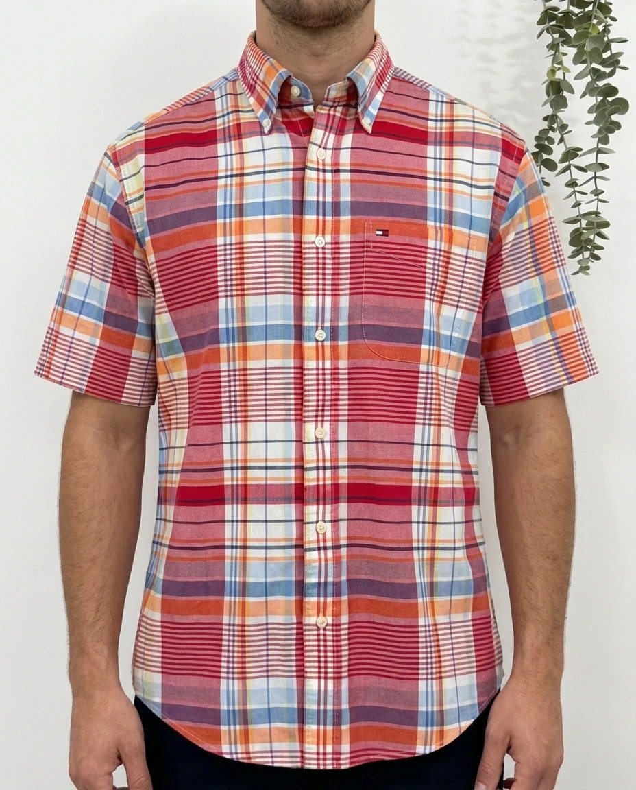 Chemise rouge manches courtes coton Tommy Hilfiger carreaux multicolores taille S - FP260181
