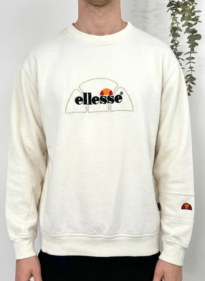 Sweat Crewneck vintage brodé Ellesse écru logo taille M