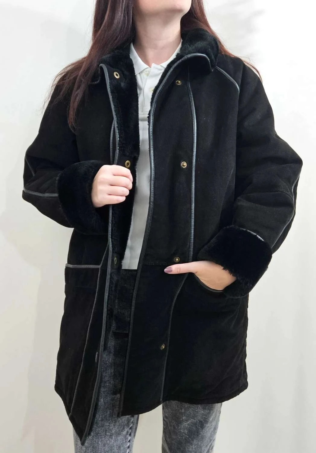 Manteau long cuir shearling noir doublé fausse fourrure taille 38 - SC2512235