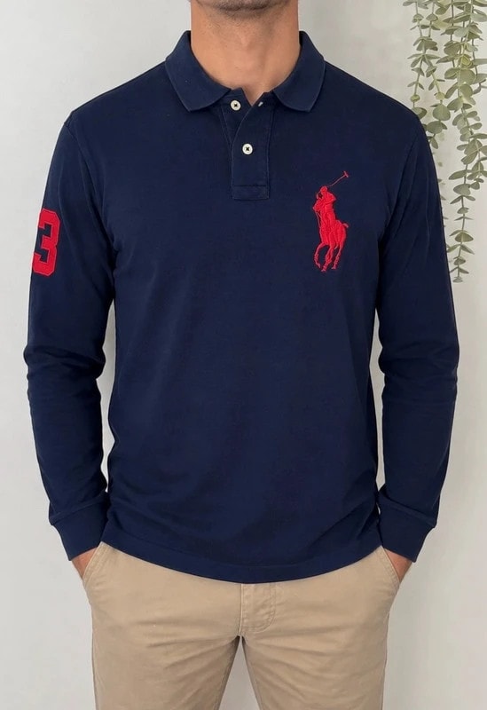 Polo piqué manches longues Big Pony custom fit Ralph Lauren bleu marine rouge taille M - FP260922
