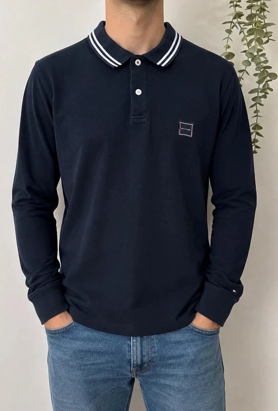 Polo piqué manches longues Tommy Hilfiger bleu marine regular fit taille M - DN26082