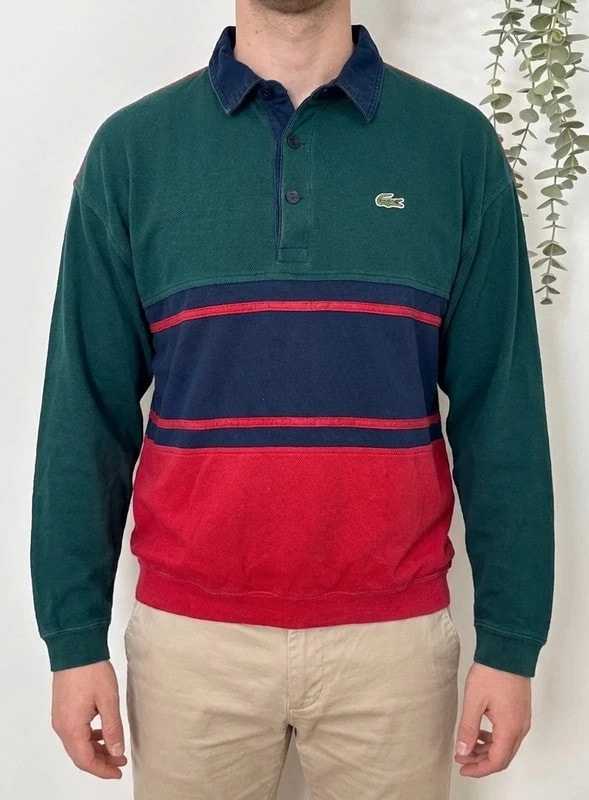 Polo rugby piqué vintage Lacoste colorblock vert rouge marine taille 5/L - FP260956