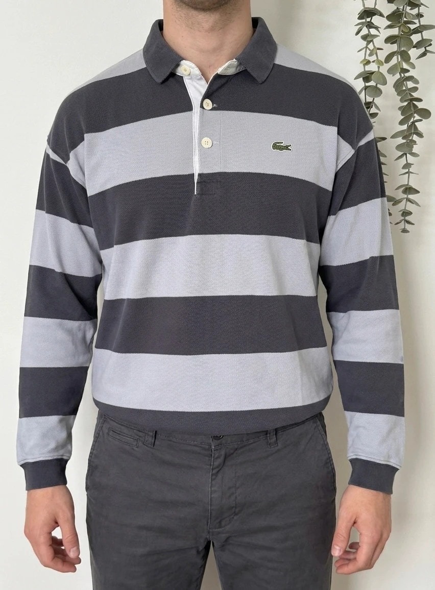 Polo rugby piqué vintage Lacoste rayé gris taille M - FP260931