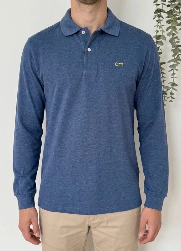 Polo piqué vintage Chemise Lacoste bleu chiné manches longues taille 4/M - FP260940
