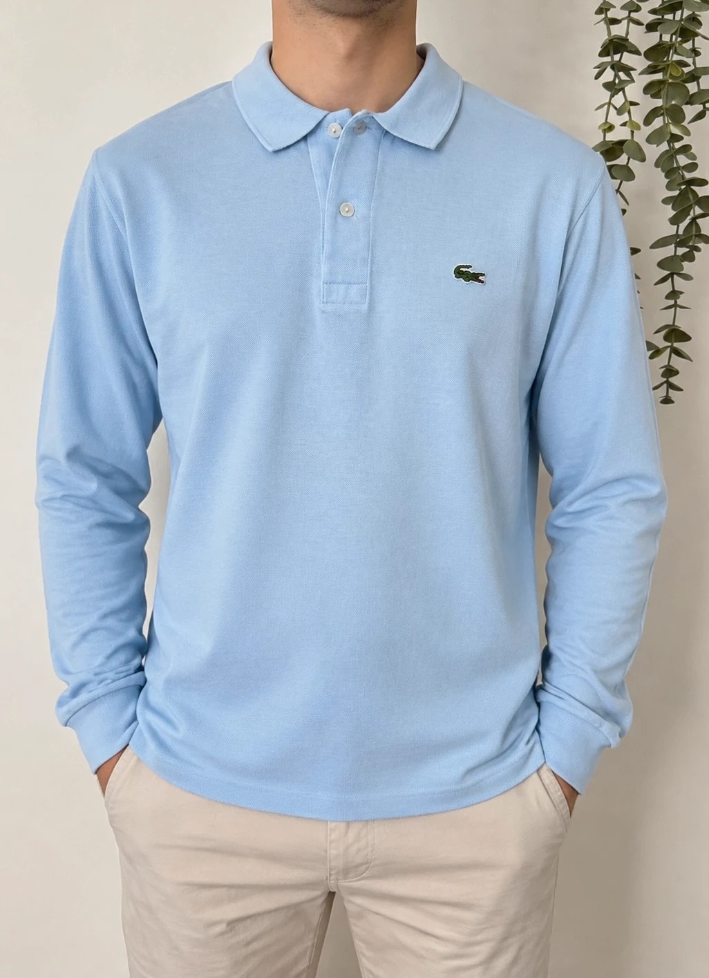 Polo piqué vintage Chemise Lacoste bleu ciel manches longues taille 4/M - FP260954