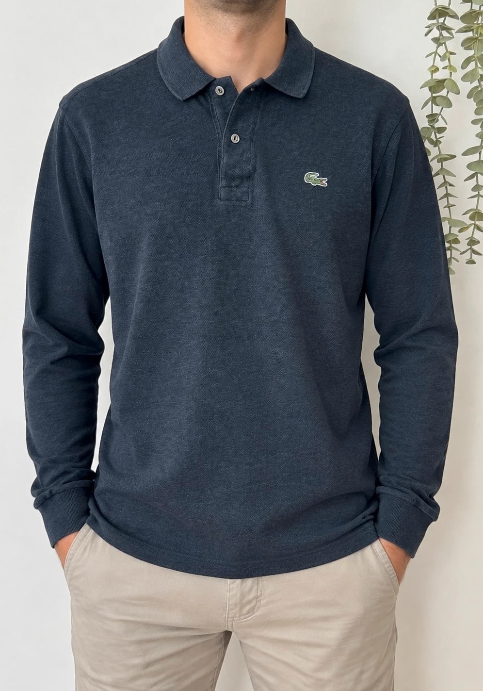 Polo piqué vintage Lacoste gris anthracite chiné manches longues taille 3/S - FP260948