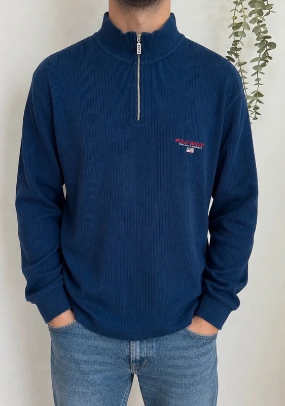 Pull vintage col camionneur Polo Sport Ralph Lauren bleu marine taille XL - FP-260967