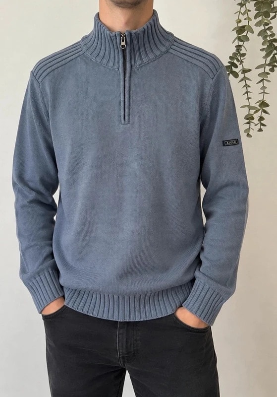 Pull col camionneur demi zip Aigle gris bleuté 100 % coton taille M - DN260918