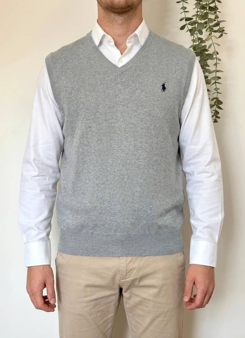 Pull sans manches Polo Ralph Lauren gris chiné logo bleu marine taille M - PP2603272