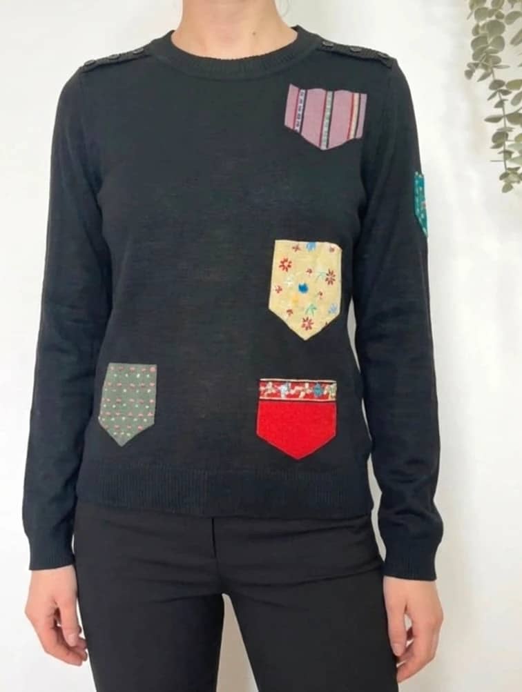 Pull Kenzo Jeans noir à patchs colorés brodés vintage Made In France taille M