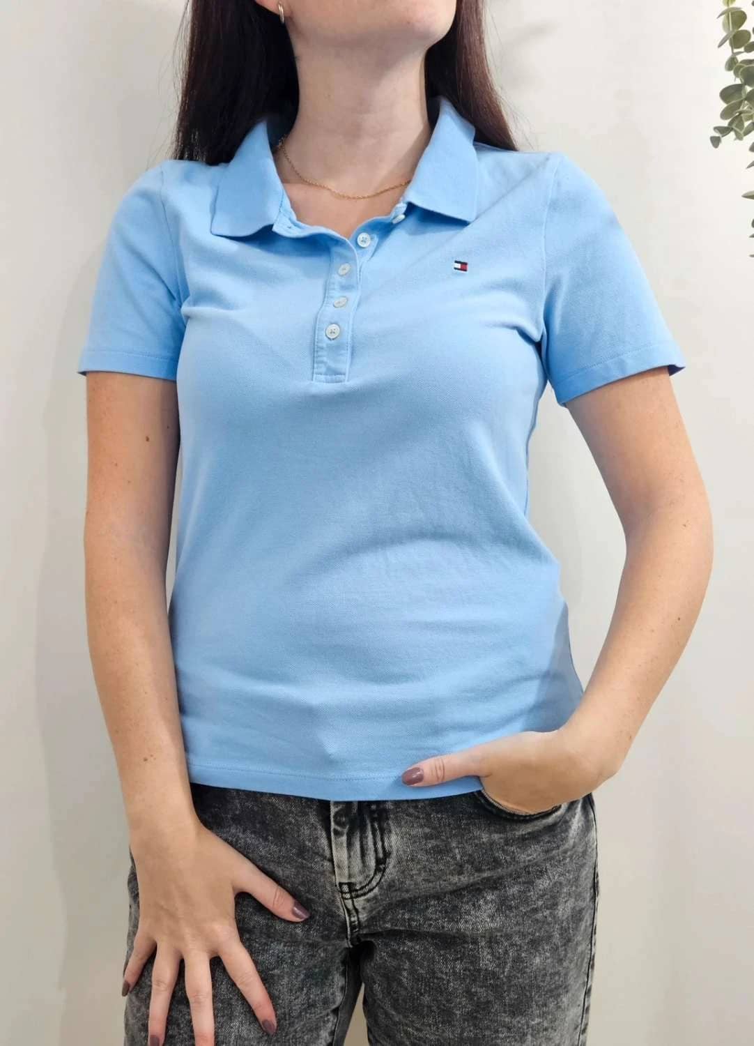 Polo Tommy Hilfiger bleu ciel Slim Fit coton stretch logo drapeau taille L - FP251241