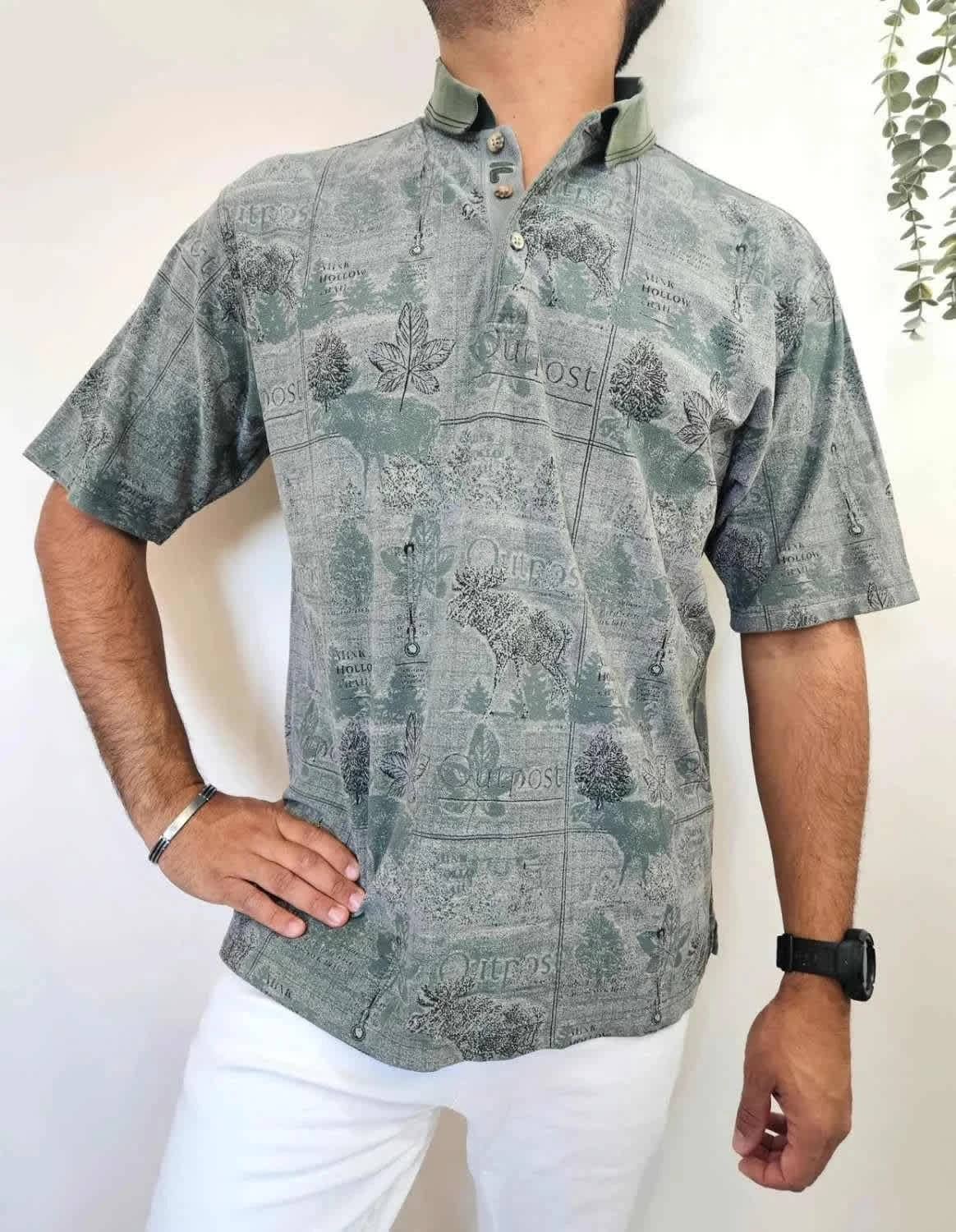 Polo vintage Fila Golf imprimé forêt vert 100% coton taille XL