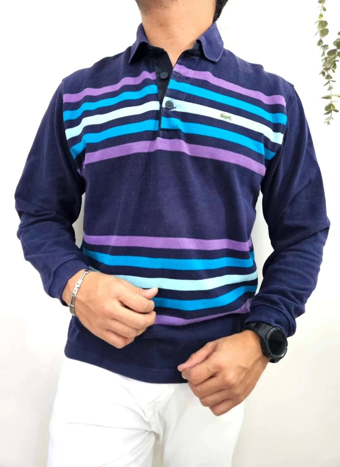 Polo rugby manches longues Lacoste vintage rayures violet bleu coton taille L - FP251261