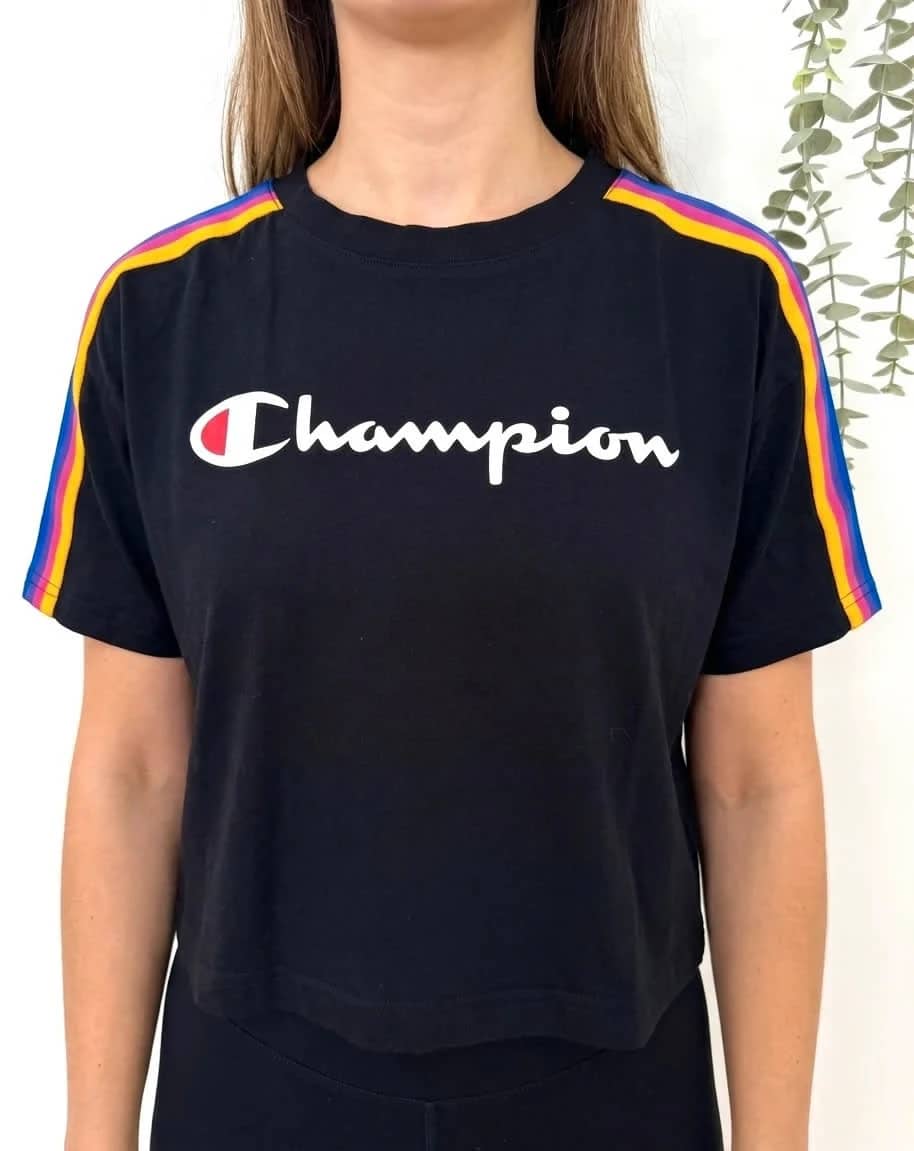 T-shirt court crop top Champion noir bandes multicolores logo script taille S - FP2512197