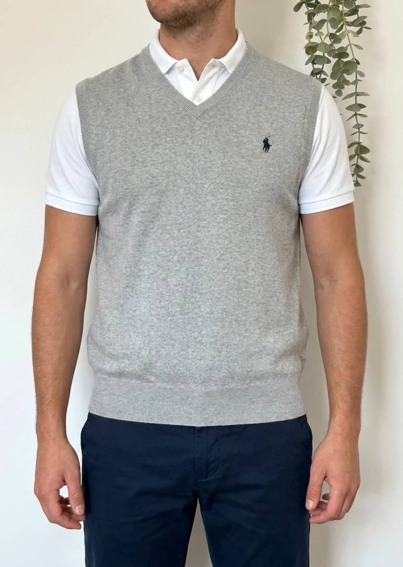 Pull sans manches Polo Ralph Lauren gris clair logo pony bleu brodé taille L - PP2603267