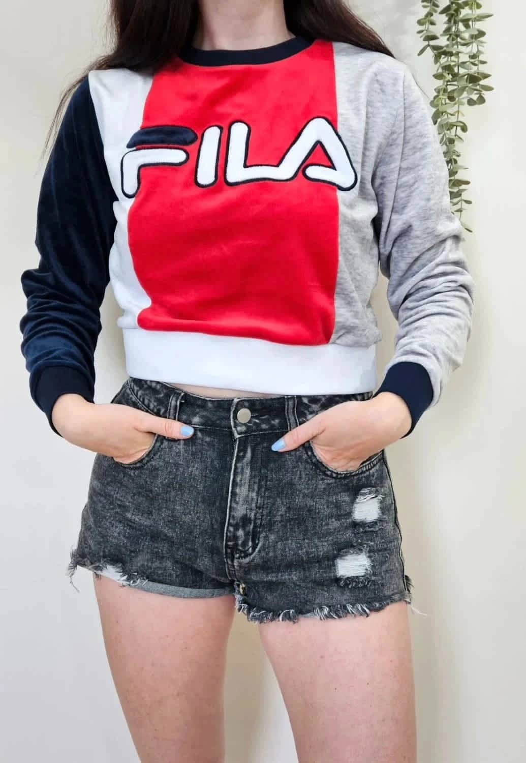 Sweat Fila polaire crewneck Crop velours Color block doux logo brodé taille S
