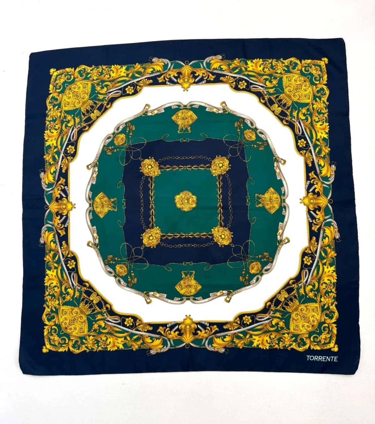 Foulard satin Torrente imprimé baroque bleu vert taille unique