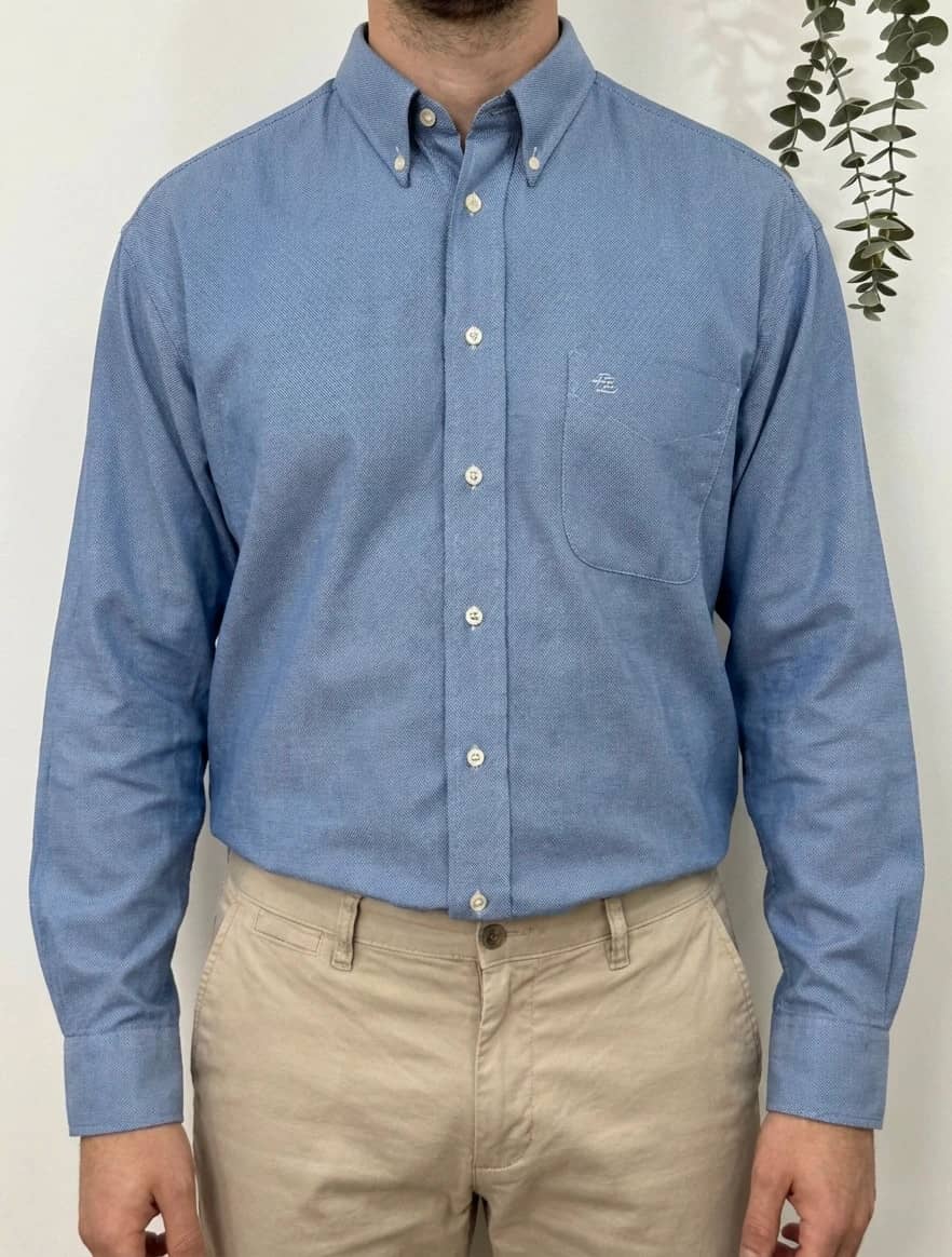Chemise Pierre Balmain bleu micro motif Oxford taille 43/XL coupe droite vintage