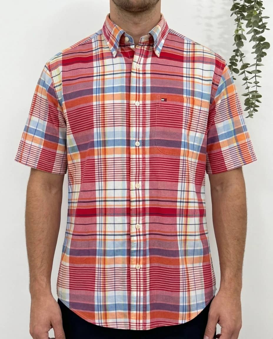 Chemise rouge manches courtes coton Tommy Hilfiger carreaux multicolores taille S - FP260181