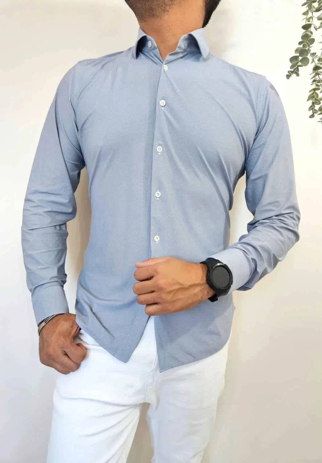 Chemise slim fit stretch Corneliani rayée bleu gris taille 41