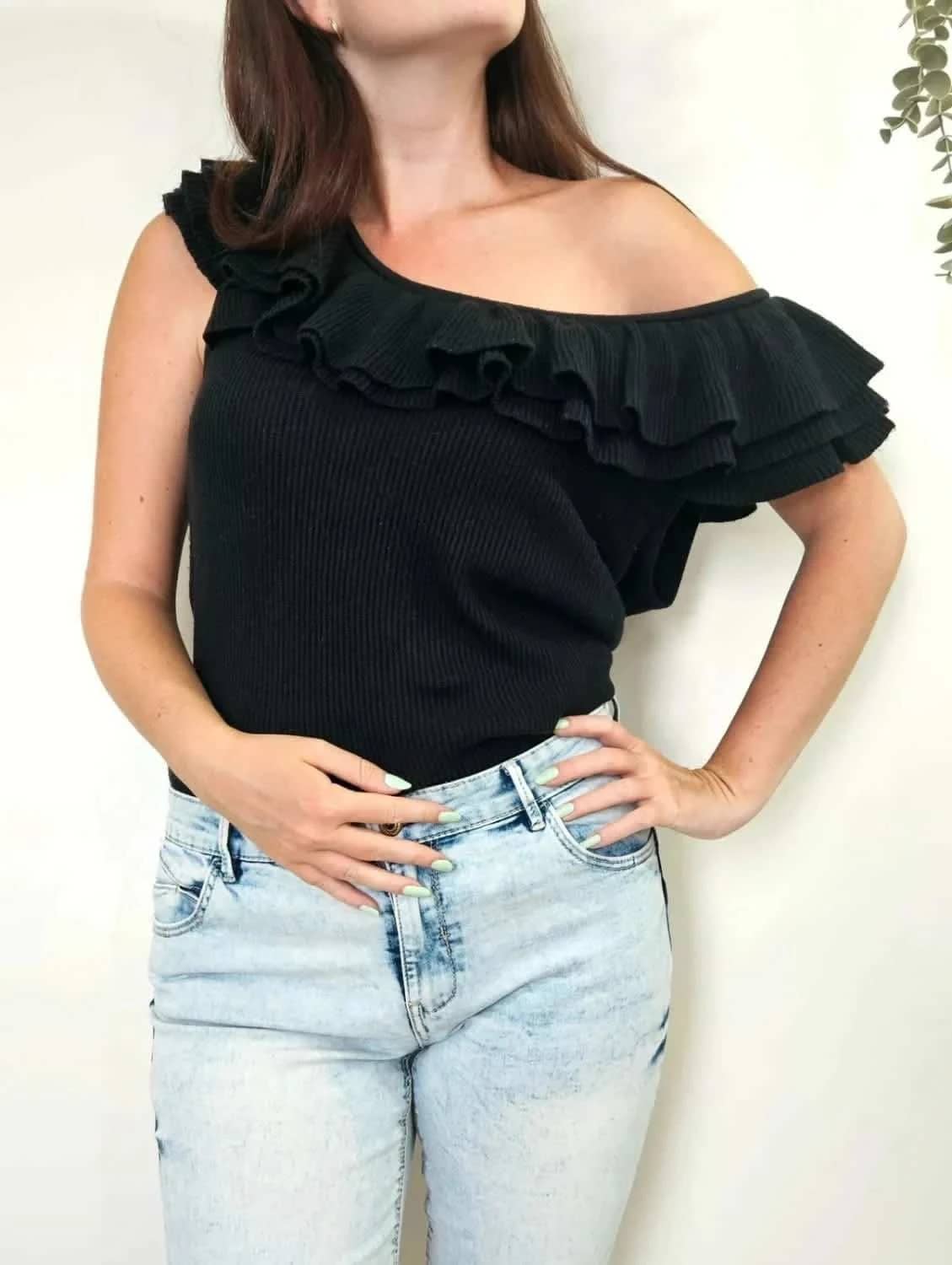 Top asymétrique Ralph Lauren noir soie et cachemire taille L