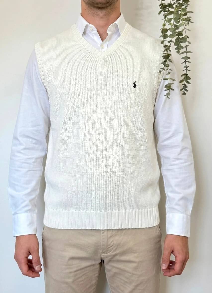 Pull sans manches col V coton Ralph Lauren blanc cassé taille XXL - PP260337