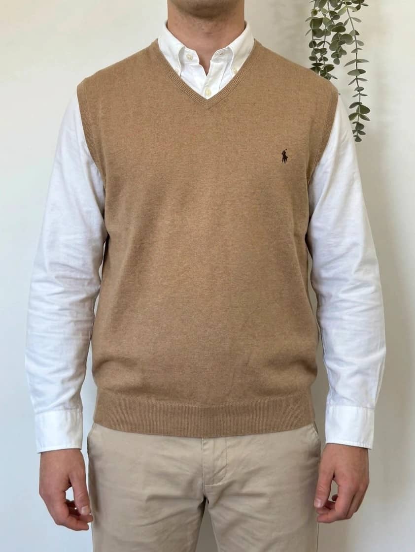 Pull col V coton sans manches Ralph Lauren camel taille 3XL - PP2603381