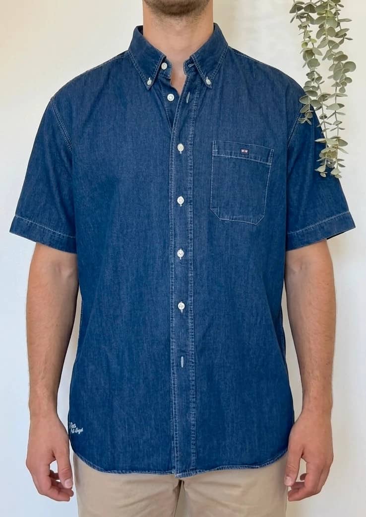 Chemise denim manches courtes Eden Park poche bleu logo brodé taille XL
