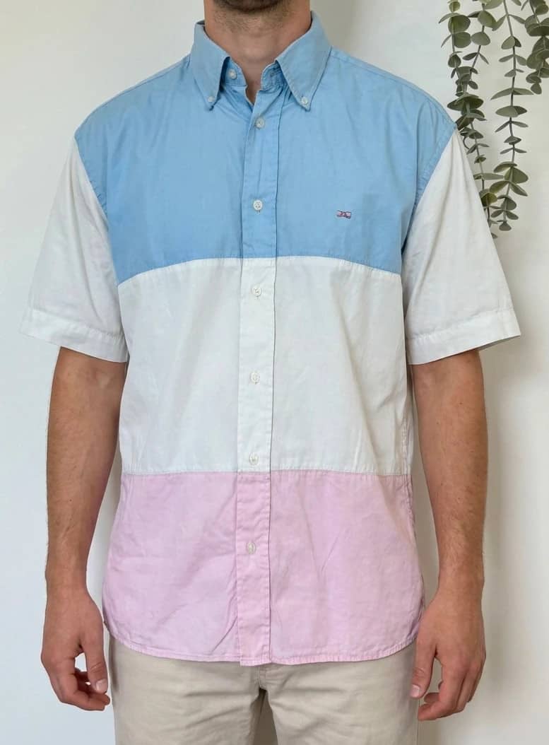 Chemise manches courtes Eden Park Team colorblock bleu blanc rose logo brodé taille M - VG26054