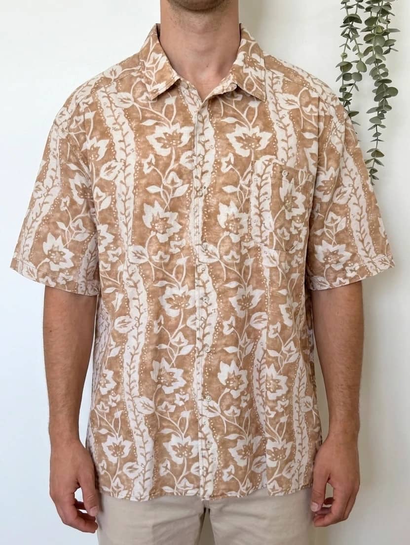 Chemise hawaïenne vintage Tommy Hilfiger fleurs tropicales beige lin taille XXL - SK260681