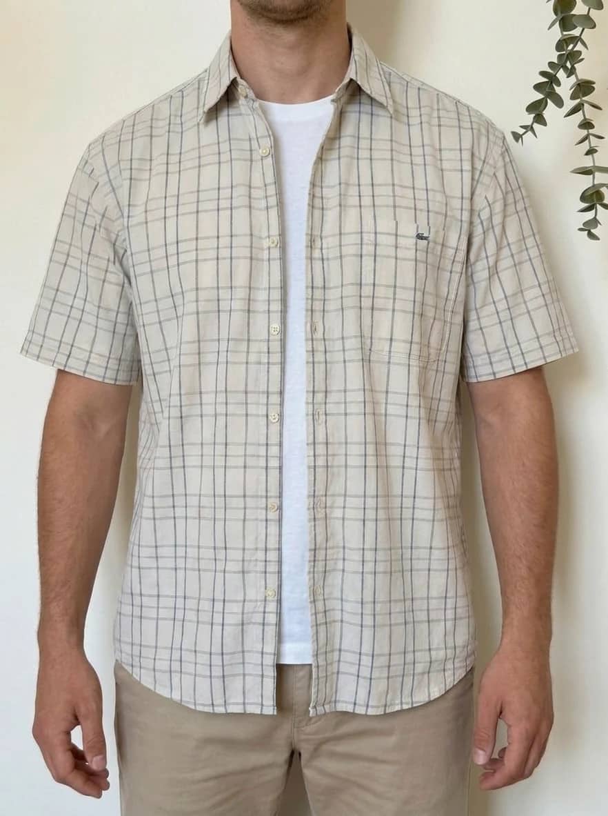 Chemise manches courtes Lacoste crème à carreaux bleu gris taille 42/XL - VG260524