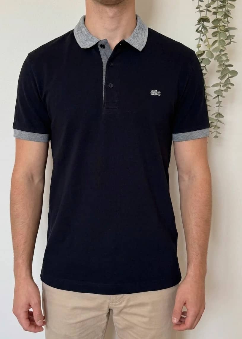 Polo piqué regular fit Lacoste bleu marine col gris logo argenté taille 5/L - SK2606103