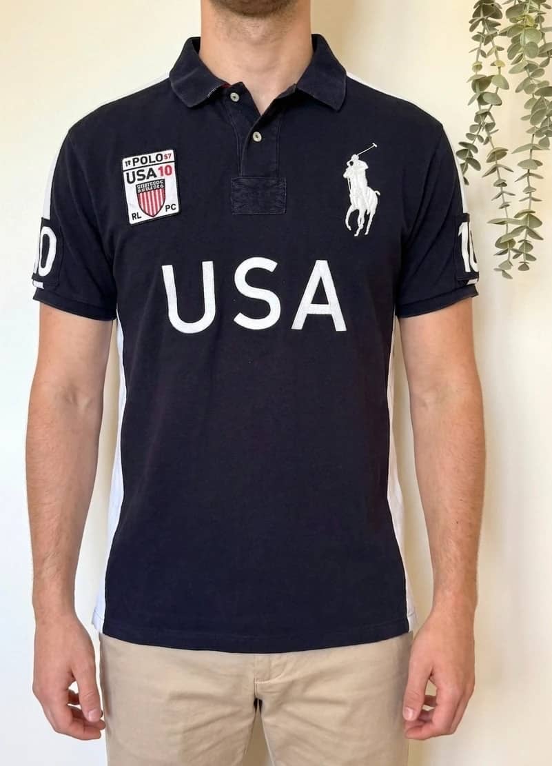 Polo piqué custom fit Ralph Lauren USA 10 Big Pony bleu marine taille XL - SK260619