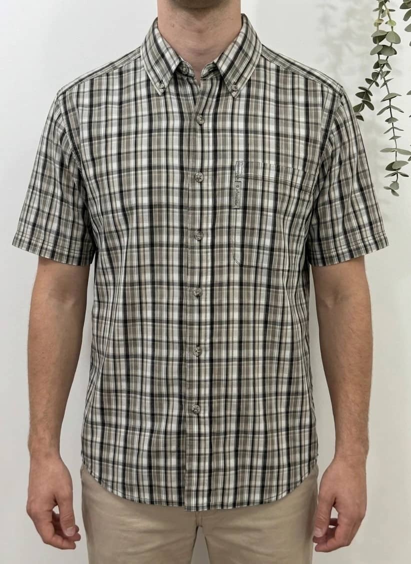 Chemise manches courtes Columbia à carreaux beige kaki gris taille M - FP2607106