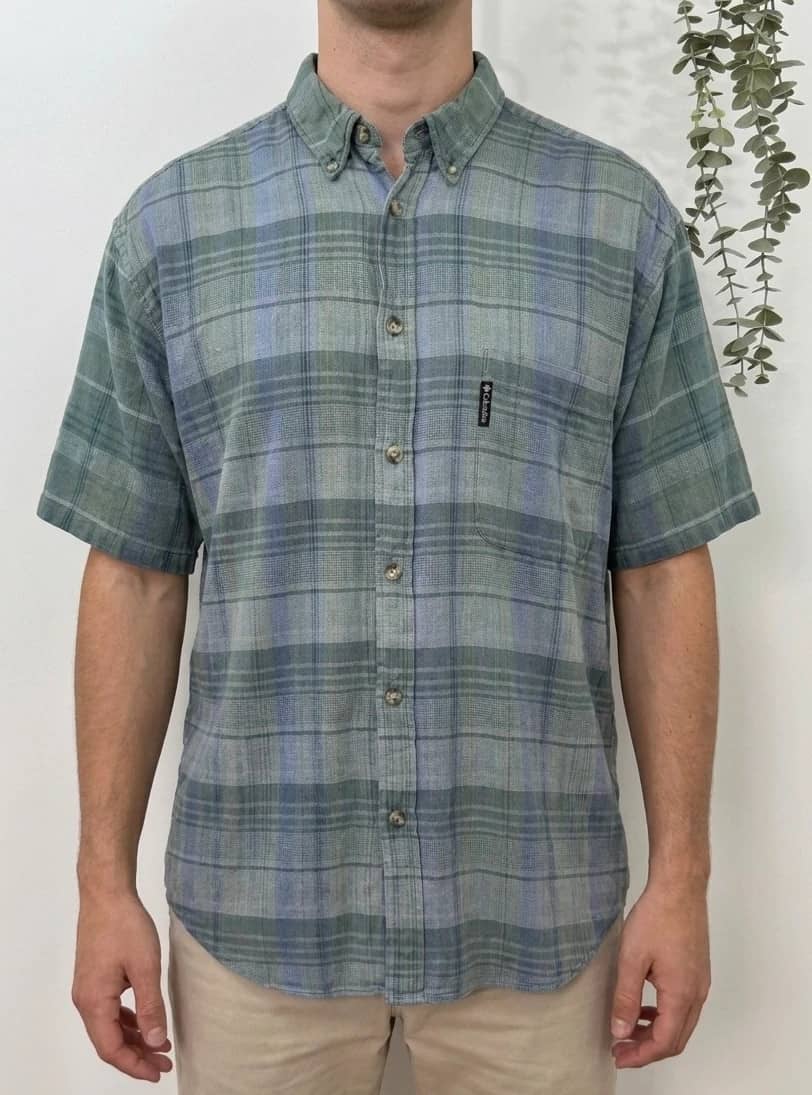 Chemise manches courtes Columbia à carreaux vert sauge bleu taille L - FP260729
