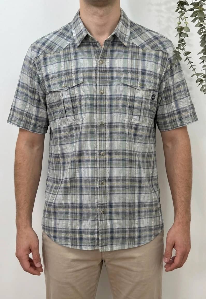 Chemise manches courtes Timberland à carreaux vert bleu beige taille XL - FP260791